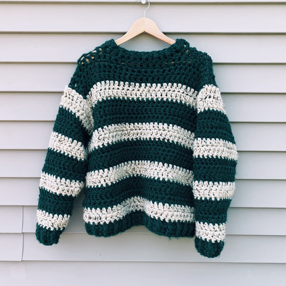 handmade crochet chunky oatmeal/forest green striped sweater